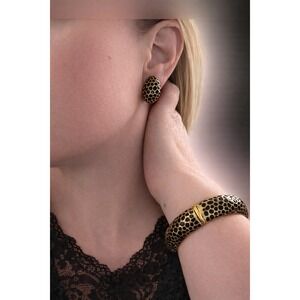 Kenneth Jay Lane Vintage Black Gold Animal Print Bangle & Clip Earrings Set